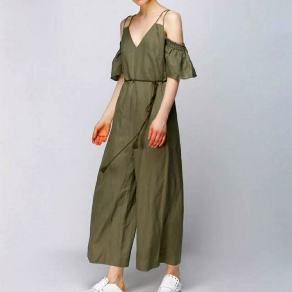 CAARA drop shoulder khaki jumpsuit with double spaghetti straps and wide pants